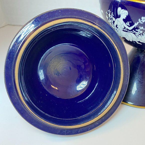 Vintage Italy Florentine Cobalt Blue Ceramic Compote Lidded Dish Greek Couple - Picture 9 of 11